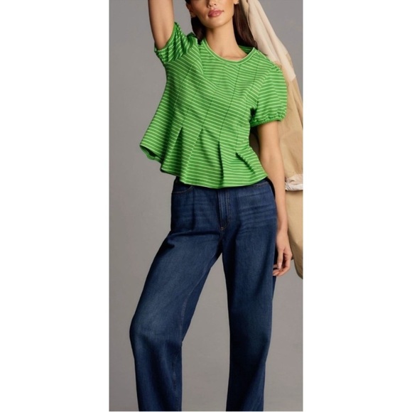 Maeve Tops - Maeve Green Striped Peplum Short Sleeve Top